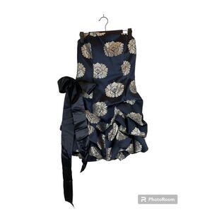 Jessica McClintock Bubble Hem Navy Silver Dress Gunny Sack Strapless Tie Waist